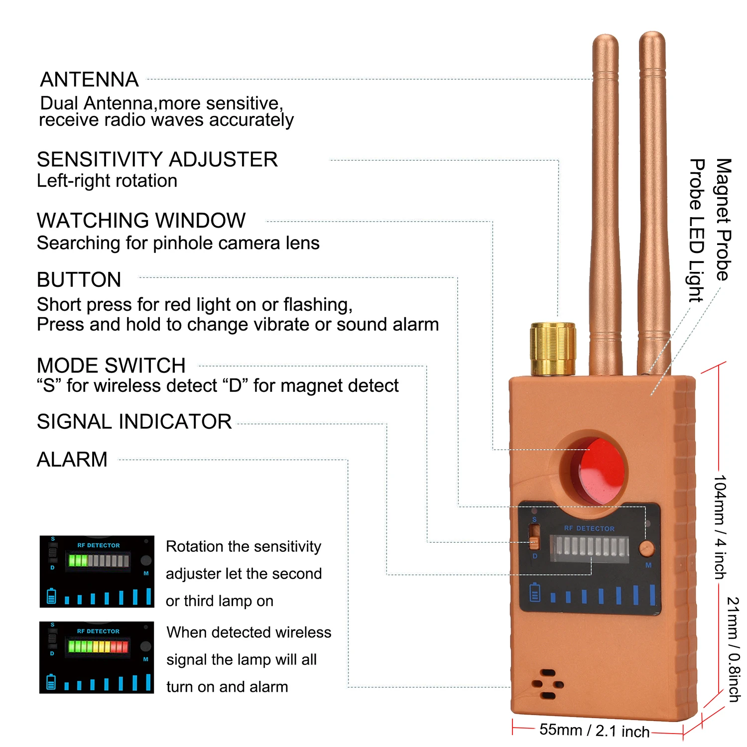 

Profession RF Signal Detector Anti-Spy Tapping Detection Eavesdropping Pinhole Camera Detect Bug GSM Audio Device Finder Gadgets