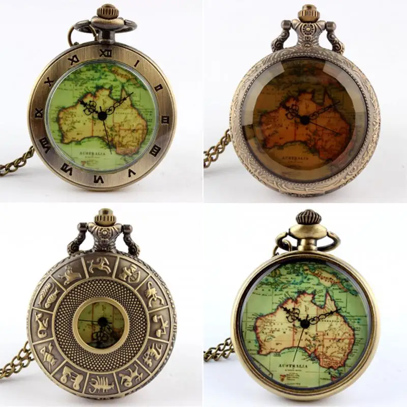 Womens Mens Quartz Pocket Watch 1pcs Vintage Watch Necklace Gift Retro Australia Map Watch Pendant Clock On Chain Dropshipping