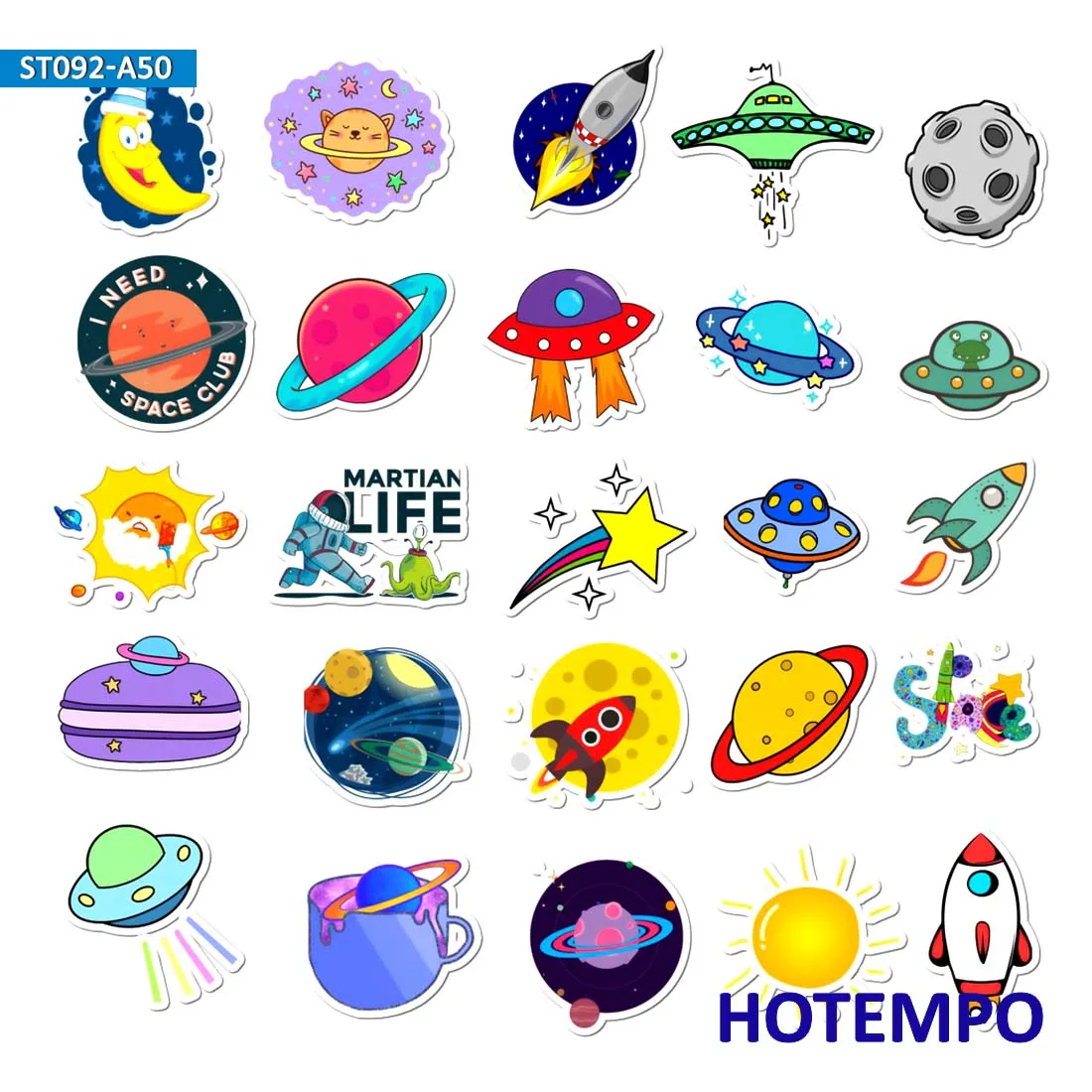 50PCS Space Stickers Rocket Ship Planet UFO Alien Astronaut Cartoon Style for Laptop Scrapbook Diary Luggage Phone Sticker Toys