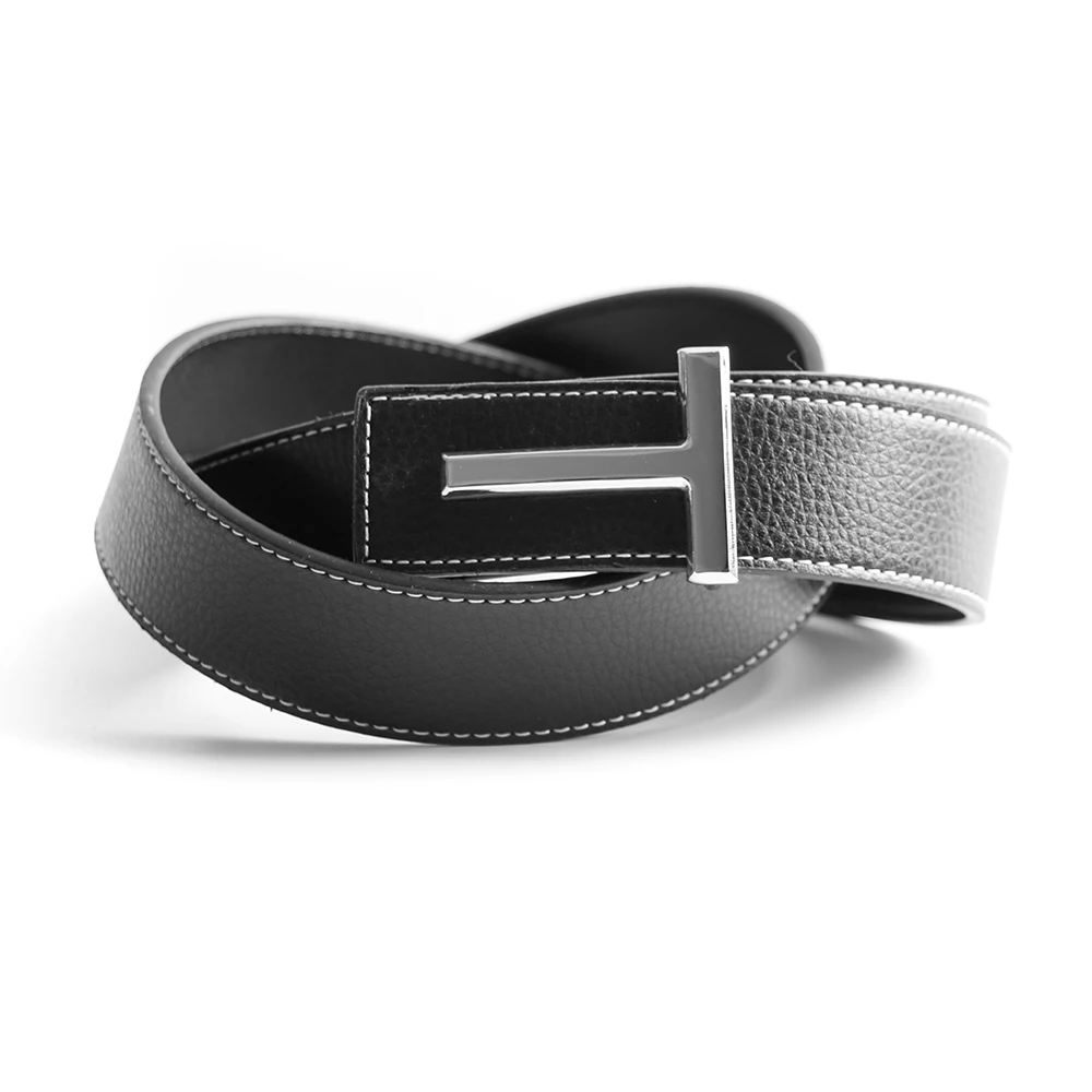 Reversible Top Luxury Designer T Buckle Belt Men High Quality Women Genuine Real Leather Dress Strap for Jeans Waistband Blue