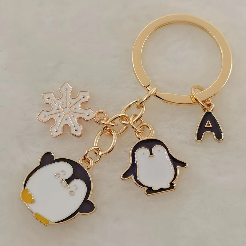 New A-Z letter cartoon enamel penguin ski winter cute keychain cute penguin snowflake key ring handmade craft jewelry gift