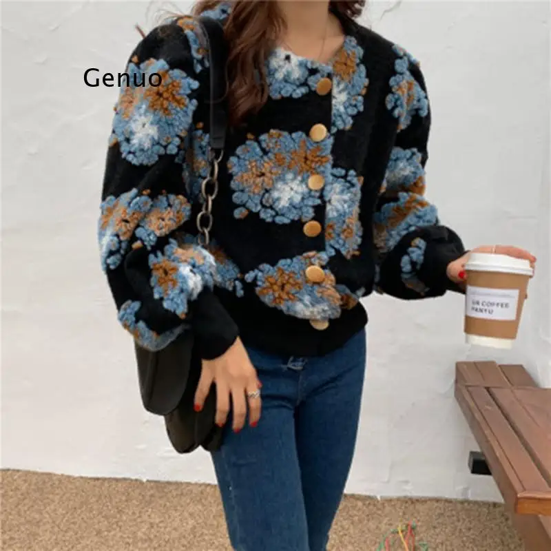 Korean Chic 3D Flower Plush Appliques Jackets Women Vintage O-Neck Single Breasted Coats Autumn Winter Lantern Sleeve Tops