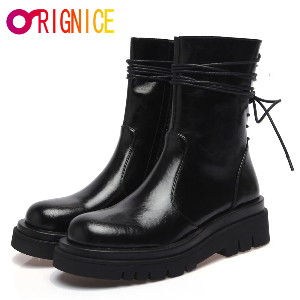 

Orignice Genuine Cow Leather Ankle Boots Women Lace-Up Zipper Round Toe Lady Autumn Winter Platform Thick Bottom Handmade Shoes