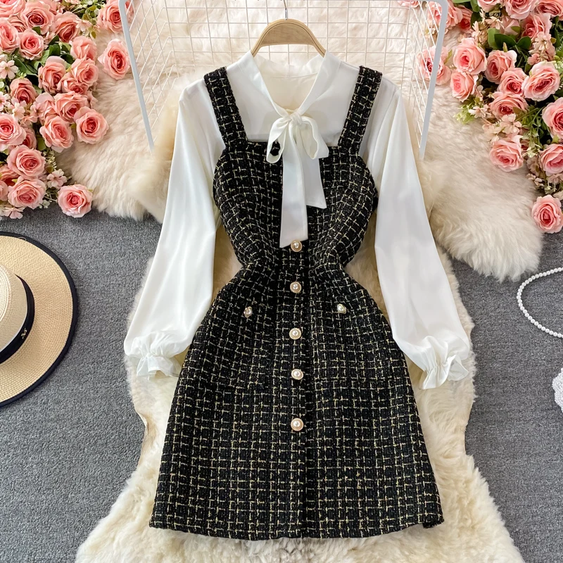 Office Lady 2 Piece Set Overalls Single Breasted Plaid A Line Dresses Sling Mini Robe Autumn Winter Elegant Bow T-shirt Top