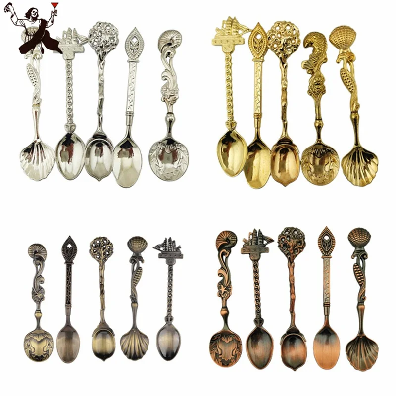 5 unids/set aleación Vintage estilo real tallado pequeña cuchara de café cubiertos cocina comedor Bar herramienta