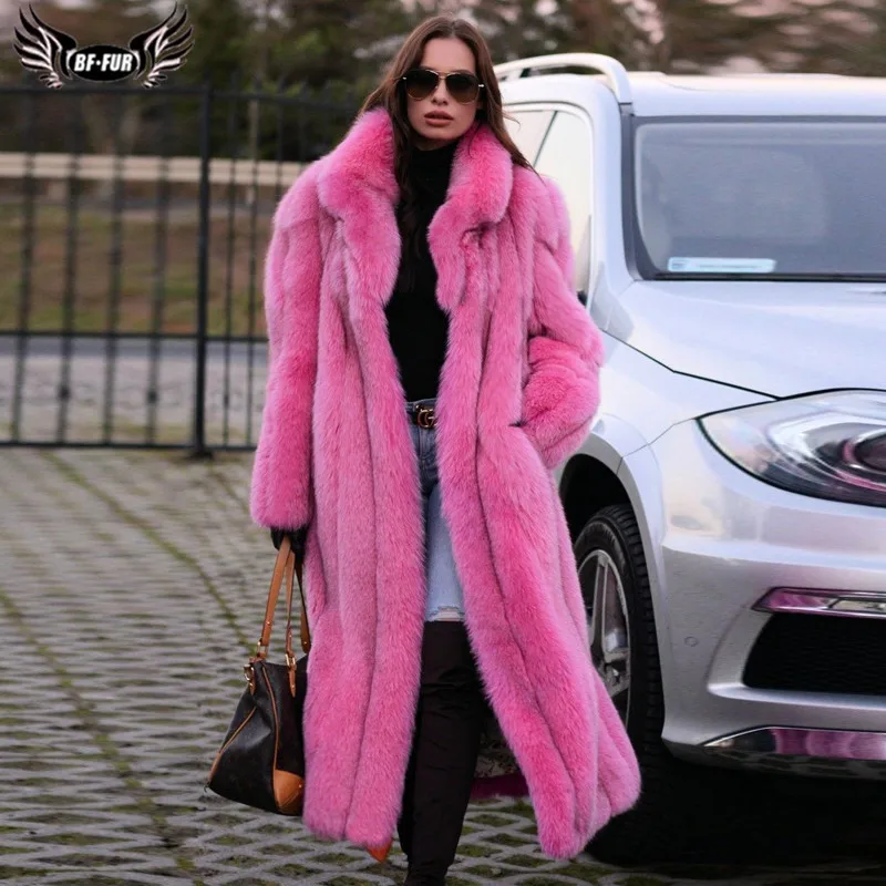 110 centímetros de Comprimento Moda Mulheres Rosa Casaco de Pele De Raposa Gola Completa Pelt Fox Natural Fur Jaquetas Grossas de Inverno Quente