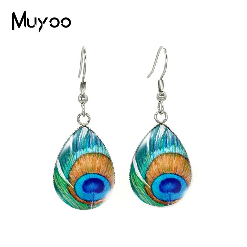 2021 New Peacock Feather Tear drop Earring Art Printed Fish hook Earrings Glass Cabochon Jewelry Handmade Items