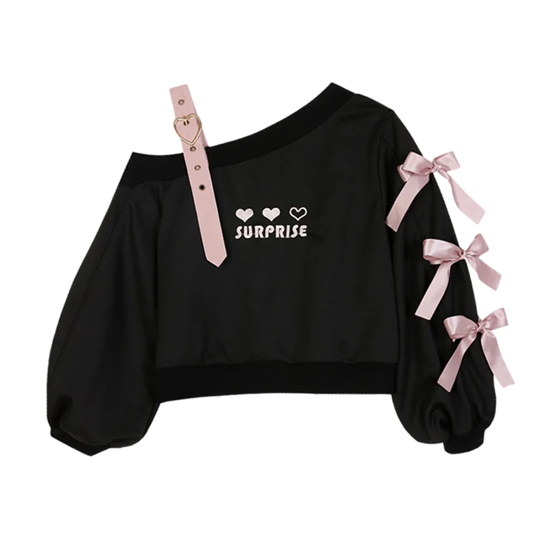 

Lolita Cute Heart Black Off Shoulder Hoodies Women Girls White Gothic Kawaii Harajuku Cropped Sweatshirts Aesthetic Streetwear