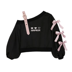 Lolita Cute Heart Black Off Shoulder Hoodies Women Girls White Gothic Kawaii Harajuku Cropped Sweatshirts Aesthetic Streetwear