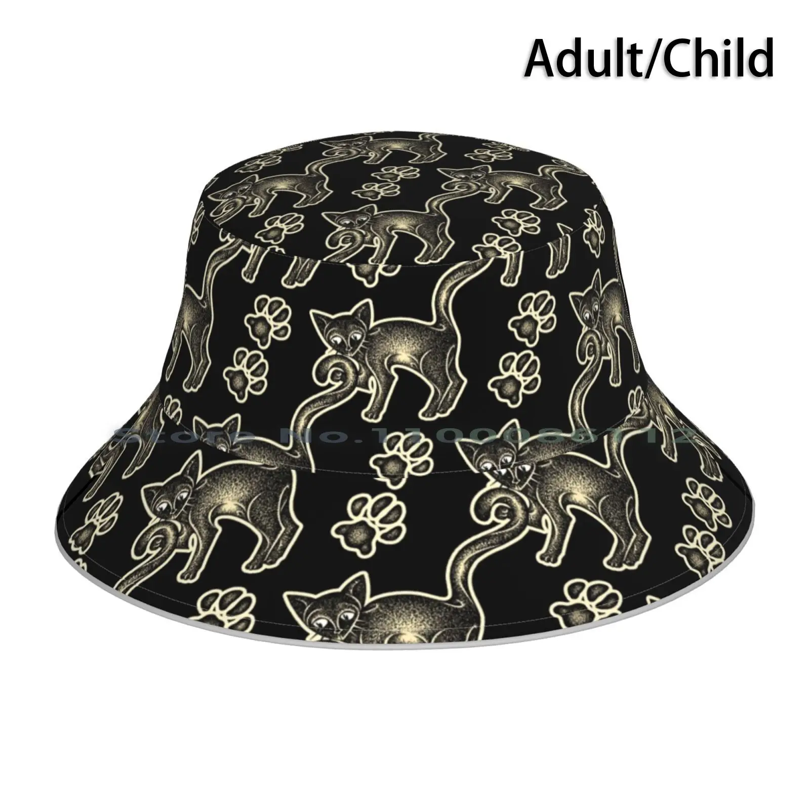 Black Cat Tails-Artbygb Bucket Hat Sun Cap Cats Animals Cute Paws Blackandwhite Ink Tattoo Handmade Dogs Tails Dots Blackca