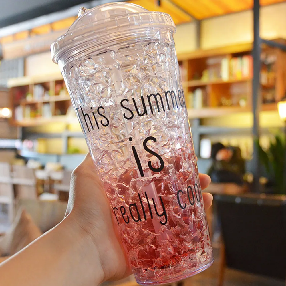 

Summer Drinking Cup For Adults 550ml/450ml With Straw Ice Glasses Plastic Water Bottle With Cover Refrigeration Crushed Ice Cup