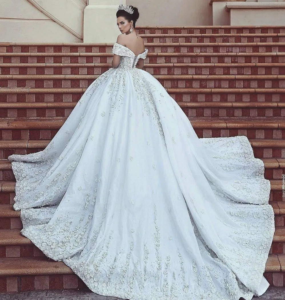 Robe de mariée élégante à fleurs, épaules dénudées, dentelle appliquée, style arabe dubaï, robe formelle de mariée, Mariage personnalisé, 2021