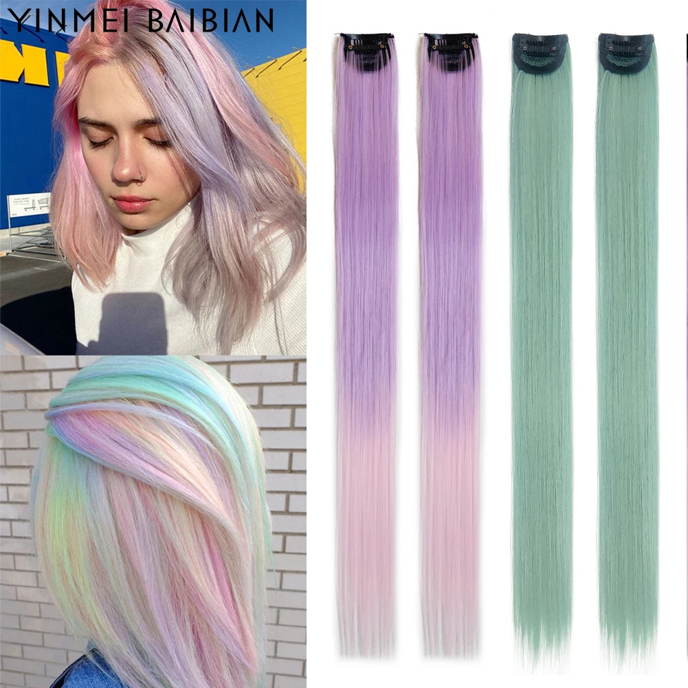 22inch Straight Colored Clip In One Piece Hair Extensions 4PC/Set Long Synthetic Rainbow Hair Clips Grey Blue Purple Hairpieces