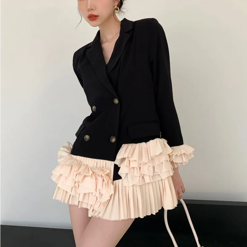 

Fall 2021 Black Blazer Women Fashion Designer Ruffle Double-Breasted Coat Patchwork Ladies Suit Jackets Long Blazer U608
