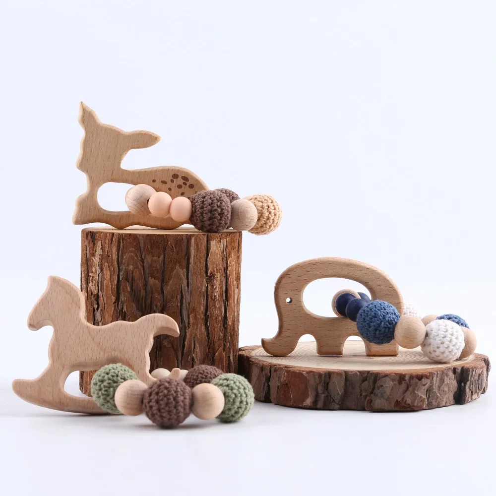 Mordedor de madera Aniaml Sika Deer DIY, pulsera de bebé, sonajeros de madera de haya, cuentas de ganchillo, regalos para niños, productos de