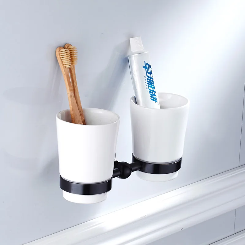 

Bathroom Accessory Wall Mounted Black Oil Rubbed Bronze Toothbrush Holder with Two Ceramic Cups ZD1690