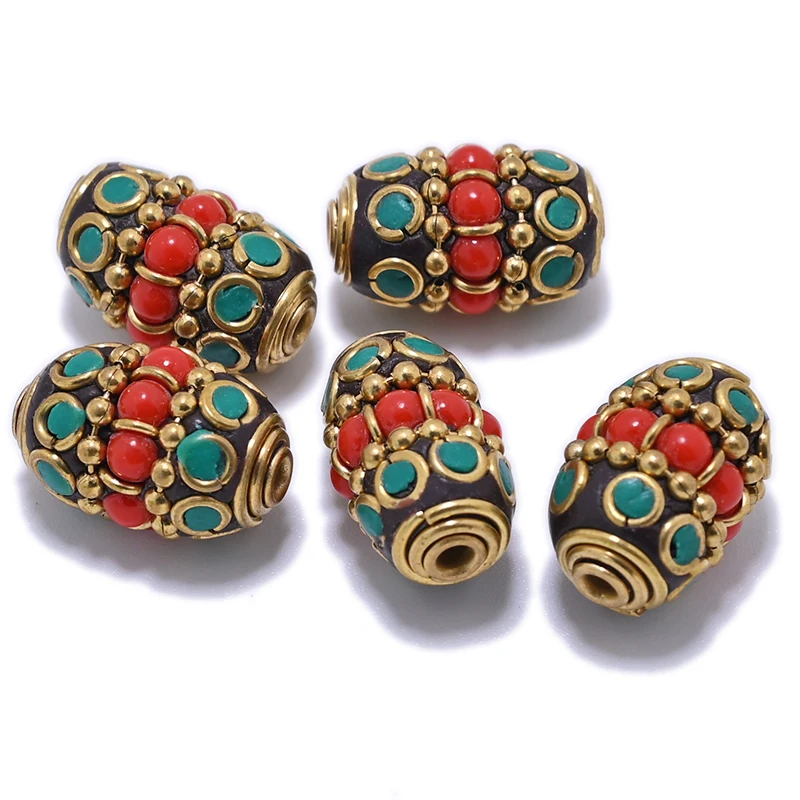 TZ-N Handmade Nepal Buddhist Tibetan Brass Craft Beads for Necklace Jewelry Making Accessories Clay Inlaid Colorful Cylindrical