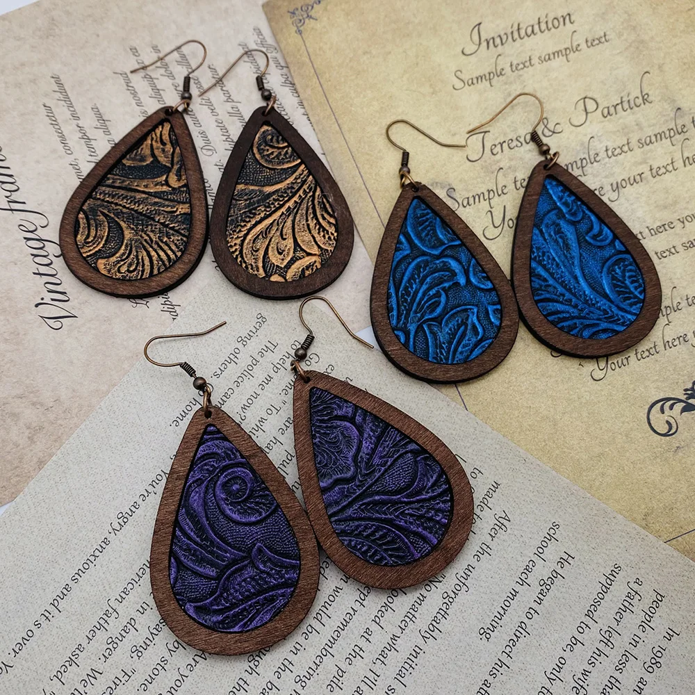 Vintage Waterdrop Cork Leather Earrings For Women Bohemian Fashion Star Plaid Print Female Wooden Jewelry Christmas Gift