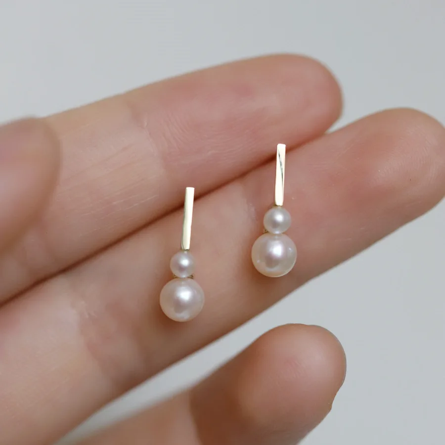 925 Sterling Silver Plating 14K Gold Two Pearl Earrings for Women Romantic Wedding Jewelry Accessories