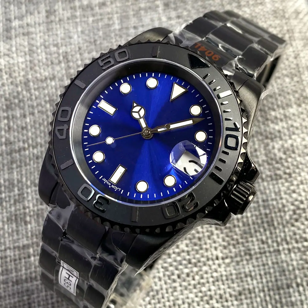 

10BAR Black PVD Mechanical NH35 Automatic Mens Watch Sapphire Glass Blue/Green/Black Date Cyclops 316L Bracelet Ceramic Bezel