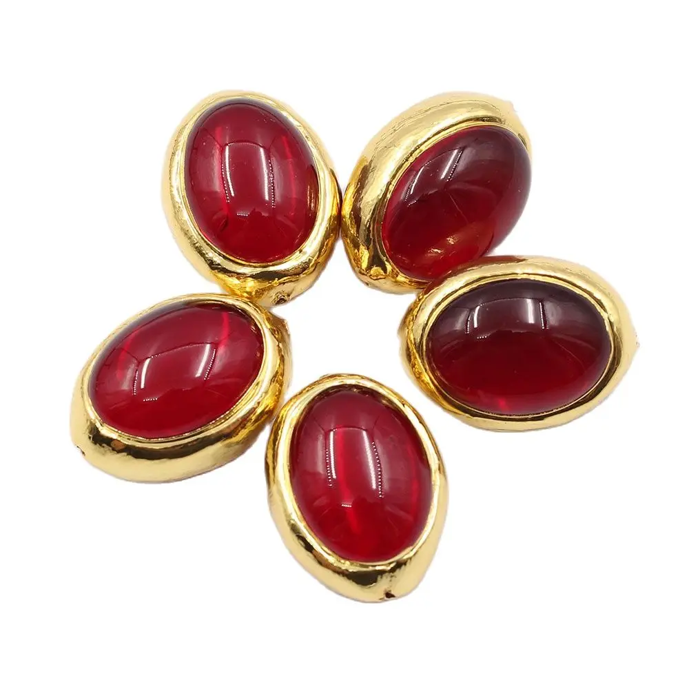 

APDGG Wholesale 5 Pcs Oval Shape Red Crystal 24K Gold Plated Edge Egg Beads For Necklace Earrings DIY Jewelry Findings