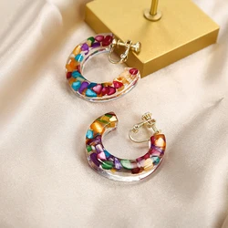 Fashion Women's C Shaped Hoop Clip on Earrings 2021 Vintage Resin Shell gravel Earrings for Non Pierced Woman Ear Clips Jewelry