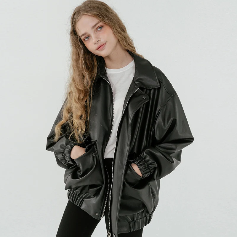 Lautaro Autumn Oversized leather jacket women long sleeve zipper turndown collar Loose black faux leather jackets for women 2021