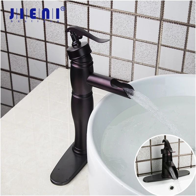 

JIENI Black Painting Waterfall Bathroom Faucet Mixer Tap Basin Sink Water Tall Cover Plate Deck Mounted Basin Tap Mixer Faucet