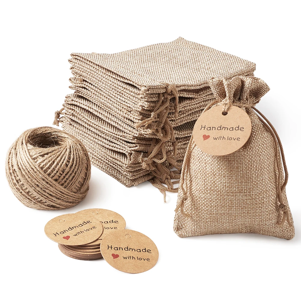 

Burlap Packing Pouches Drawstring Bags With Kraft Paper Price Tags Hemp Cord Twine String For Jewelry Making Jewelry Display Set