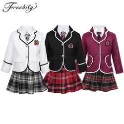 Kids Teens Japanese Anime Cosplay Students Costume Girls British Style School Uniform Coat with Shirt Tie Mini Skirt Set