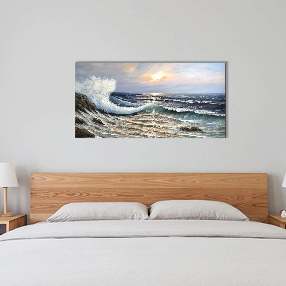 Hand Painted Abstract Canvas Painting Sea Waves Large Wall Art Ocean Modern Oil Painting Seascape Artwork For Home Office Decor