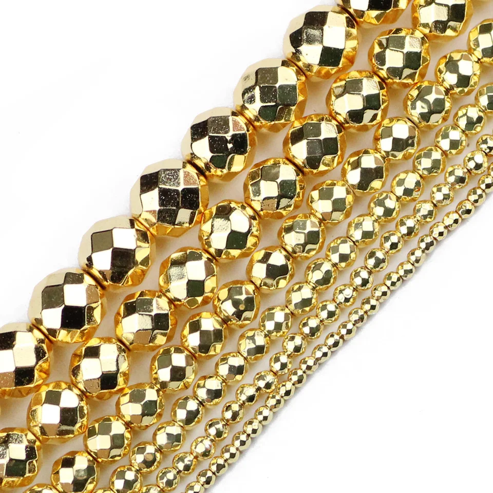 Yellow Gold Color Faceted Hematite beads Natural Stone 2/3/4/6/8/10mm Round Loose beads Jewelry Making bracelets necklace DIY
