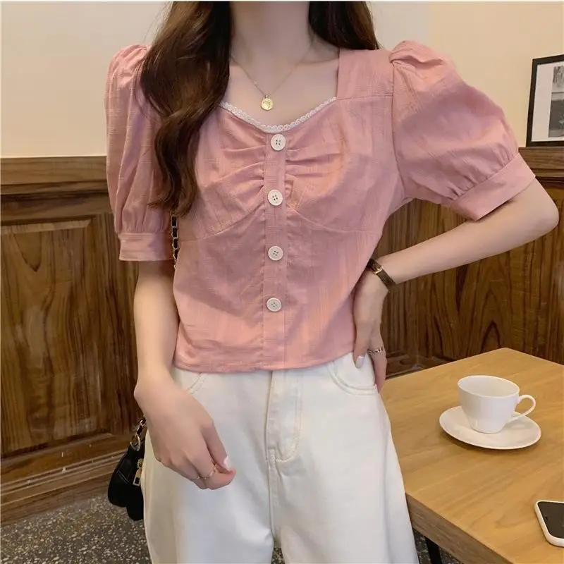 Blouses Women Summer Solid Simple Tops Students Sweet French Style Fashion New Button All-match Leisure Holiday Soft Puff-sleeve