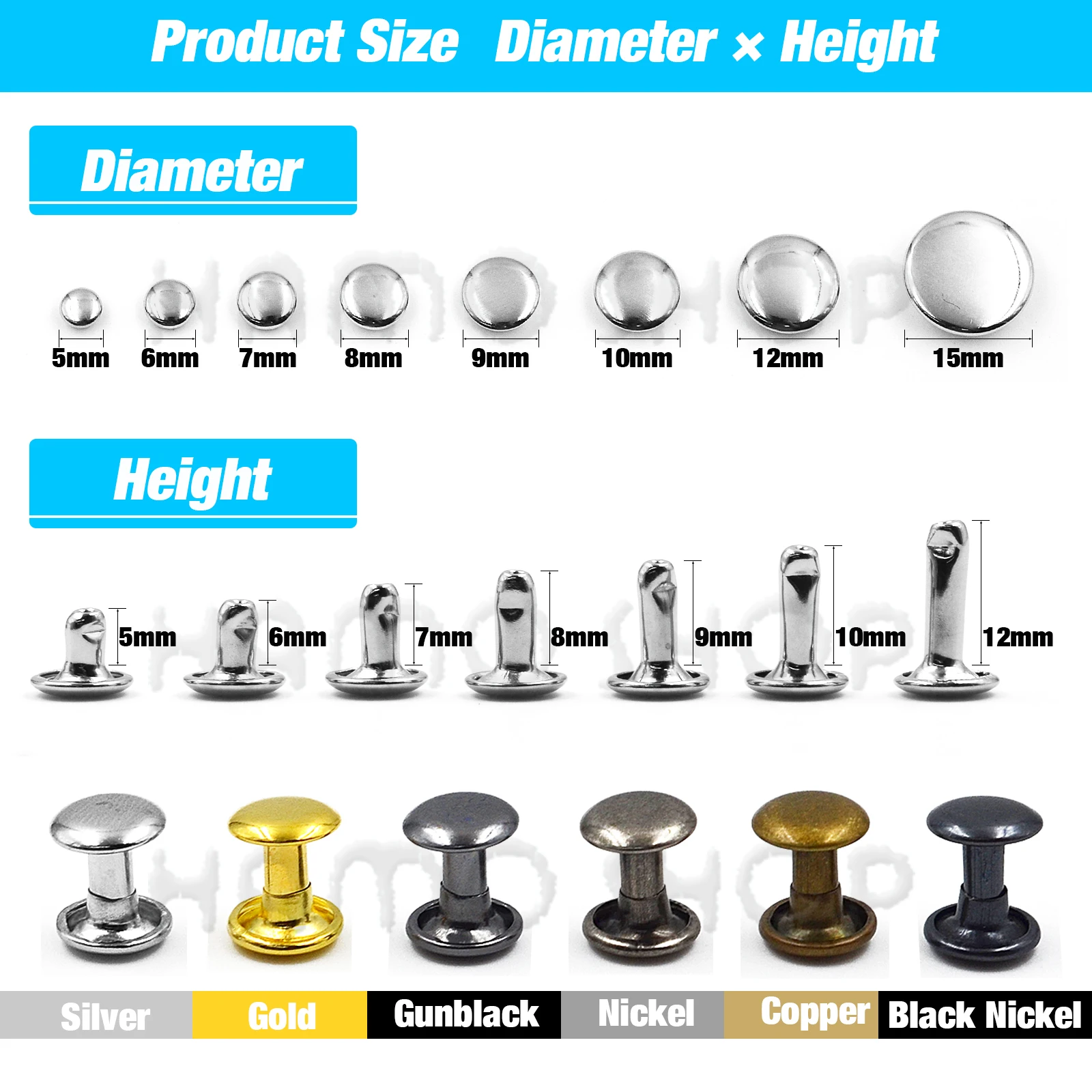 100Sets 5-15mm Metall Doppel Kappe Nieten Stud Runde Nagel Niet Für Leathercraft Zubehör Reparatur Schuhe Tasche Gürtel kleidung Kleidungsstück – Detail 2