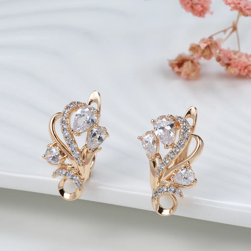 Kinel Luxury 585 Rose Gold Crystal Flower Earrings Ring Sets for Women Natural Zircon Bridal Wedding Vintage Jewelry Sets