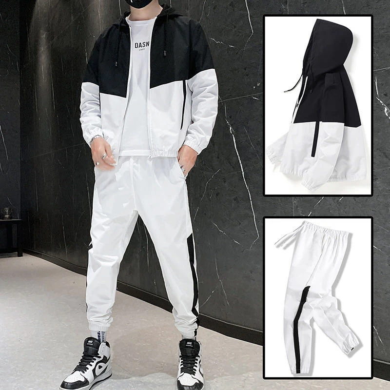 M-5XL Oversized Men Autumn Hoodies Set Sportswear Tracksuit Patchwork Hip Hop Jacket Coat+Pants Male Casual Two Pieces Suit