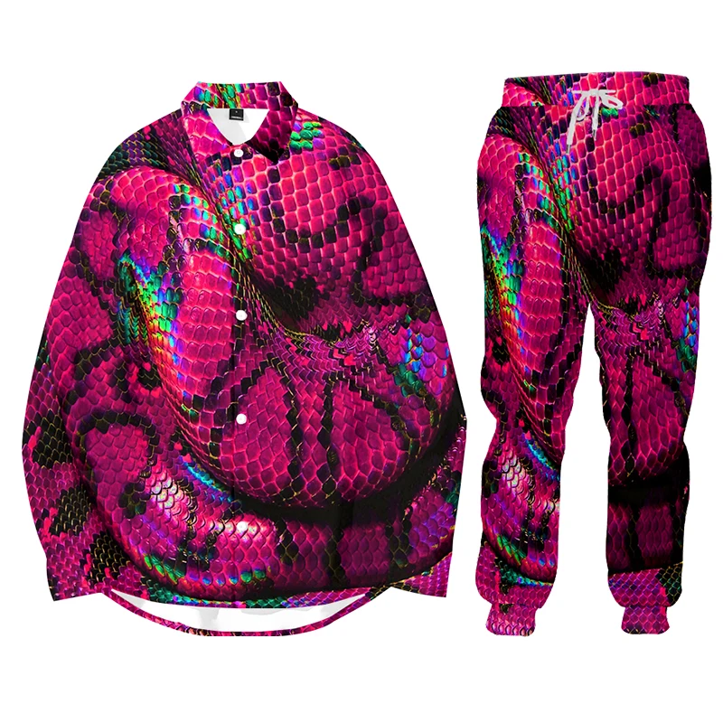 Hoodie Sets Men Fashion Pink Snakeskin Goth Hip Hop Hoodies Pants Casual Jogger Suit Tracksuit Baseball  Zipped Jacket Pullover