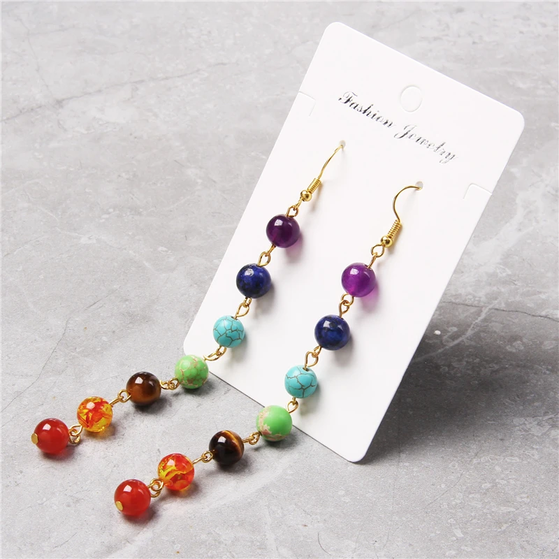 Rainbow Round Natural Stone Earrings 7 Chakra Earrings Women Long Fringed Statement Beads Earring Reiki Healing Jewelry Gifts