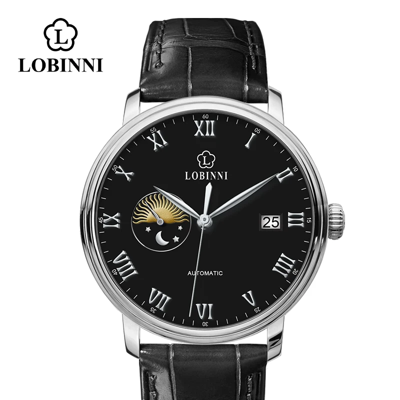 LOBINNI Switzerland Top Brand Japan Automatic Self-Wind Mechanical Movement Man Wristwatch Genuine Leather Men Watch Moon Phase