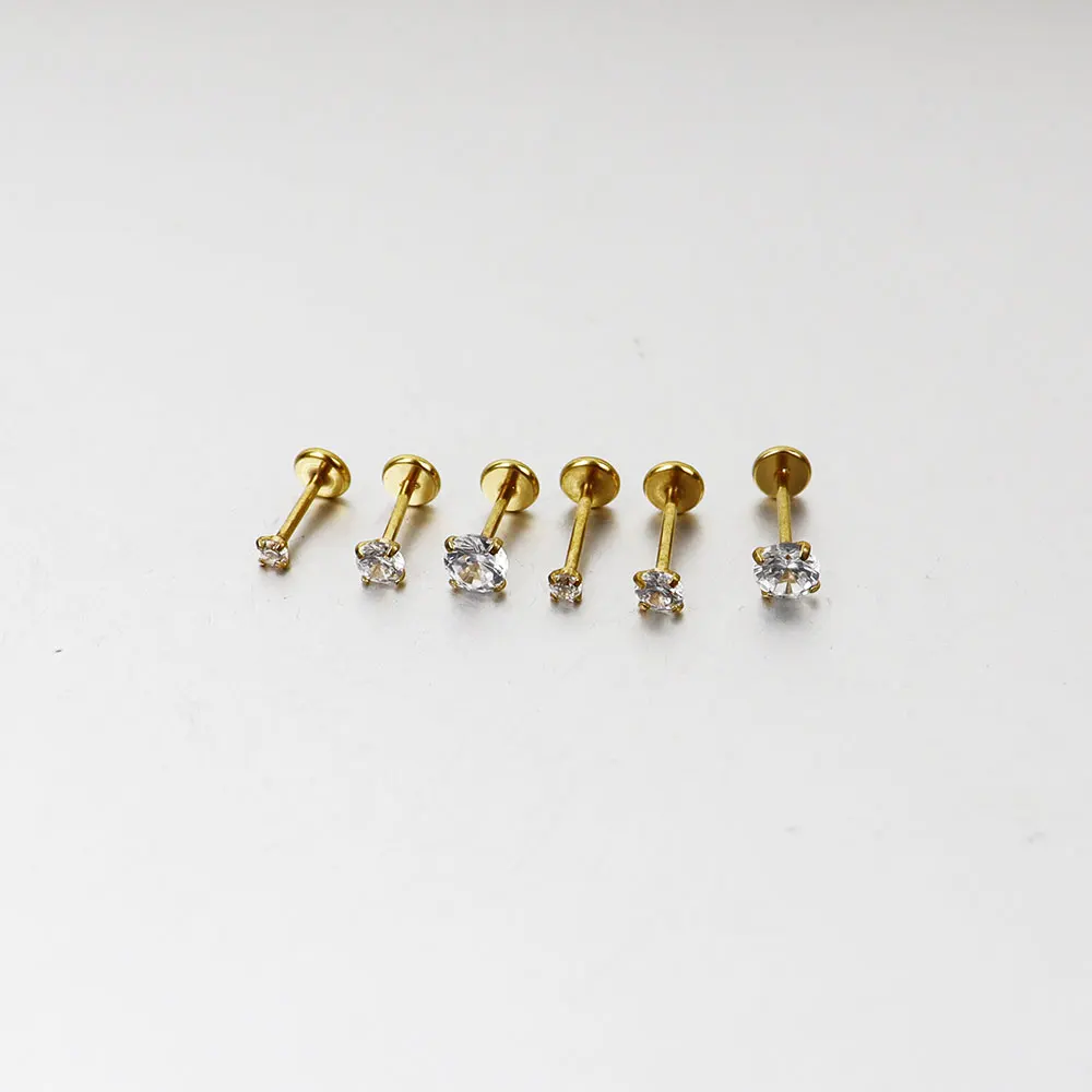 2 pieces 20G Gold Body Jewelry Cubic Zirconia Theadless Lip Labret Ring Helix Tragus Ear Piercing