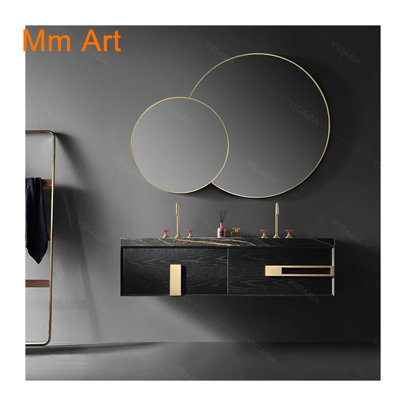 Luxury sintered stone plate basin bathroom vanity Brass Handle solid wood wall mounted bathroom cabinet with LED mirror