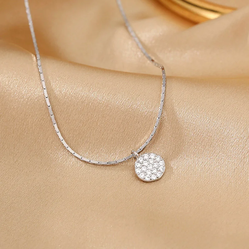 New 925 Sterling Silver Full Zircon Disc Choker Necklace Shiny Round Pendant Snake Chain Wedding Gift For Women Fine Jewelry