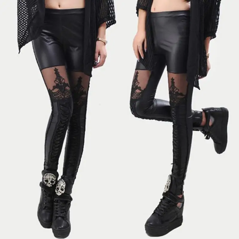 Stilvolle Sexy Frauen Faux Leder Gothic Punk Leggings Hosen Spitze Dünne Neun-punkt Hosen Simulierte Leder Hosen Gürtel Leggings