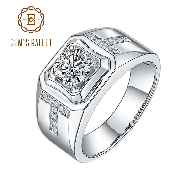 

GEM'S BALLET Round Moissanite Diamond Father's Ring Fine Jewelry 925 Sterling Silver Men's Wedding Ring 1.0Ct 6.5mm D Color