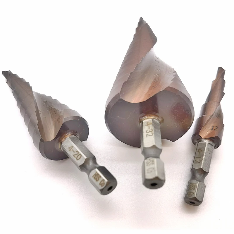 4-12mm 4-20mm 4-32mm M35 Cobalt Step Drill Bit Set Tapered HSS-CO HSS Drill Bit Kit Spiral Groove Hex Shank for Stainless Steel