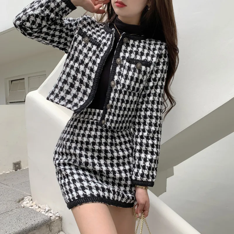 Two-piece Suit 2023 Spring Korean Style Lattice Long Sleeve Slim Sexy Coats Temperament Mini Skirt Fashion Sets Womens Clothing