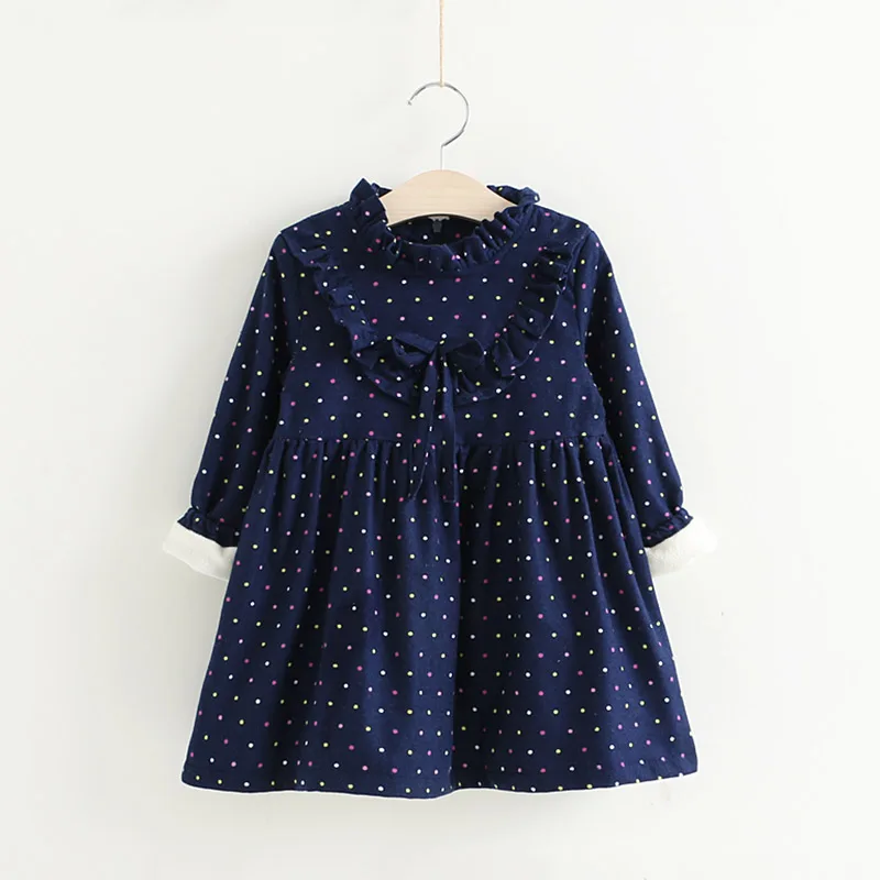 2023 Winter 2 3 4 6 8 10 Years Kids Crew-Neck Long Sleeve Dot Bow Thickening Plus Velvet Warm For Baby Girls Winter Dress