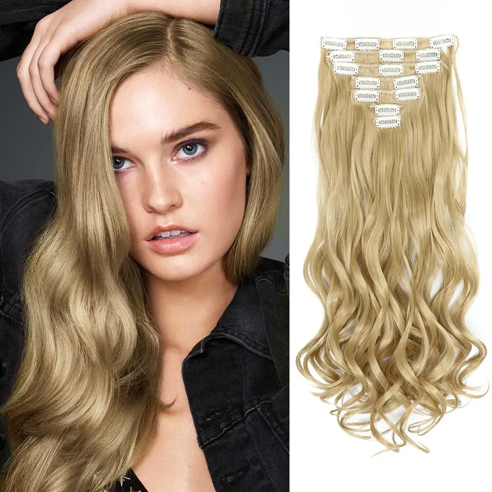 

22"Synthetic Long Wavy Clip in Hair Extensions Fake False Hair Pieces Ombre Black Brown Blonde Styling Hair 7Pcs For Women