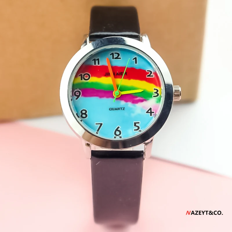 Little boys girls colorful PU leather watch children kids beauty rainbow dial easy learn time quartz Arabic no. gift clock