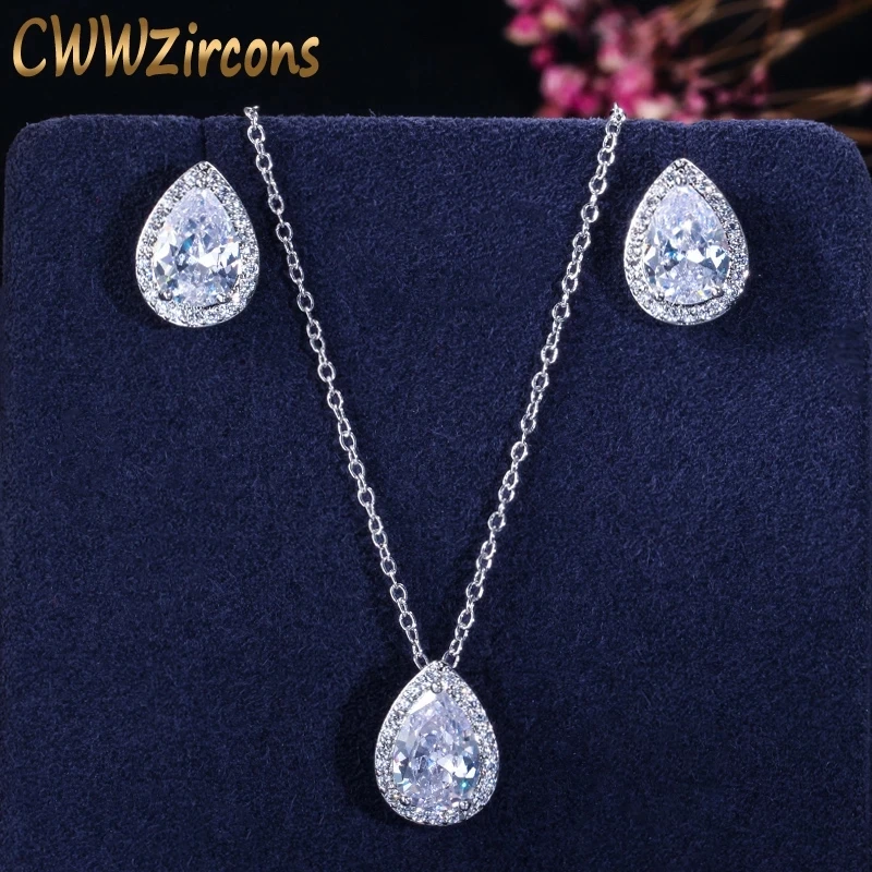 CWWZircons Tear Drop Design Simple Fashion Pear Cut Cubic Zirconia Necklace Pendant and Earrings Jewelry Sets For Women T058